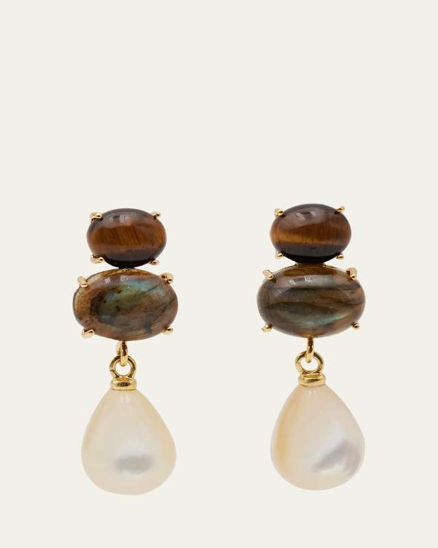 Labradorite, Tigers Eye and MOP Drop Earrings